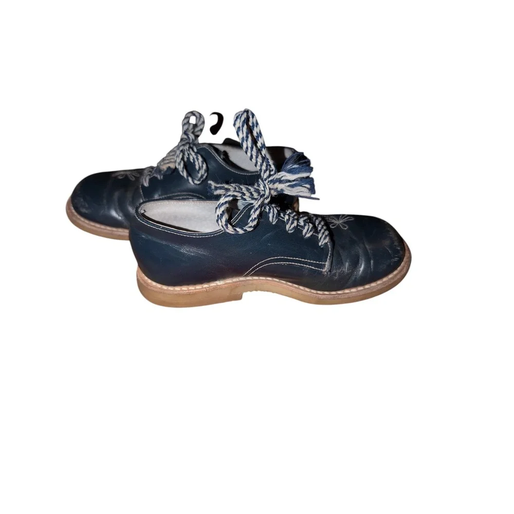 Vintage Navy‎ Blue Leather Floral Embroidered Oxford Shoes Kids Size 8 D 142089